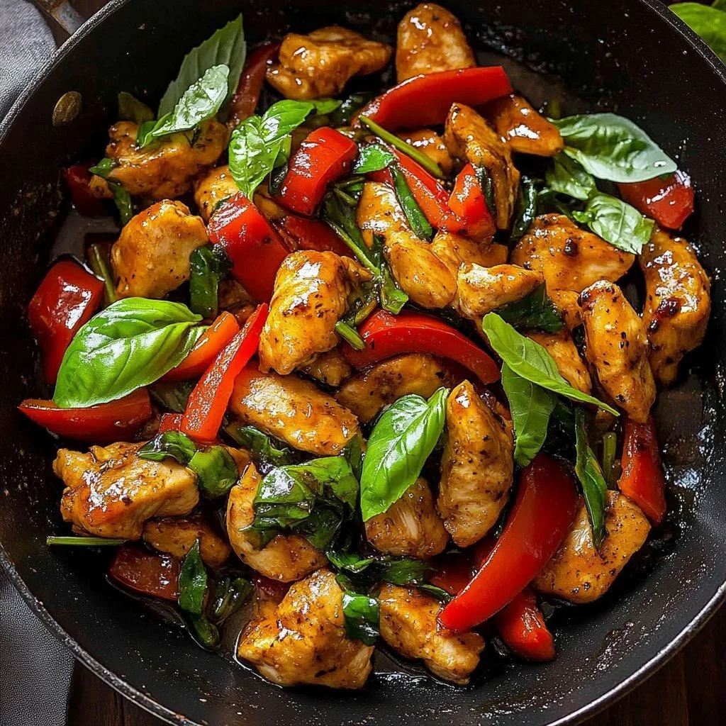 25 Minute Black Pepper Jalapeño Basil Chicken Stir Fry dish