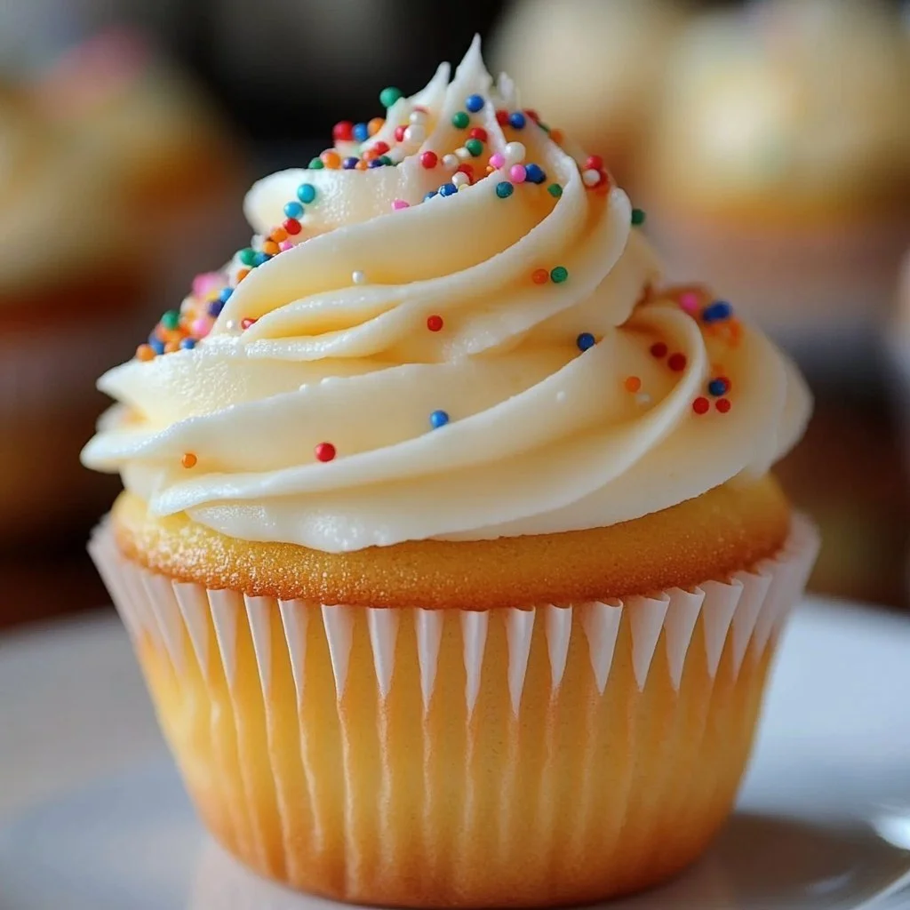 Delicious classic vanilla cupcakes topped with creamy frosting