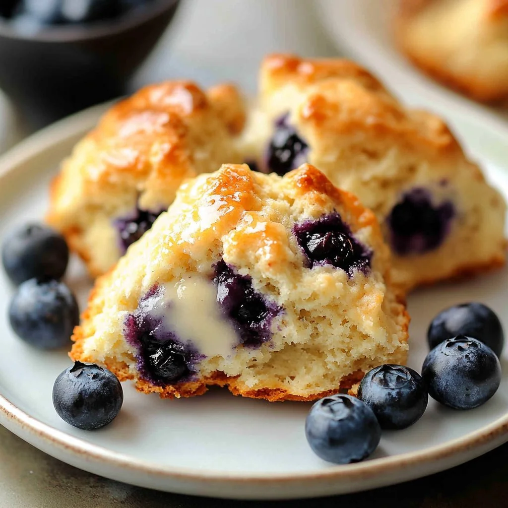 Freshly baked Blueberry Butter Swim Biscuits served on a plate with blueberries
