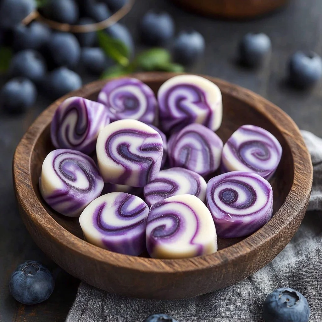 Blueberry Swirl Yogurt Bites in a bowl, healthy snack option