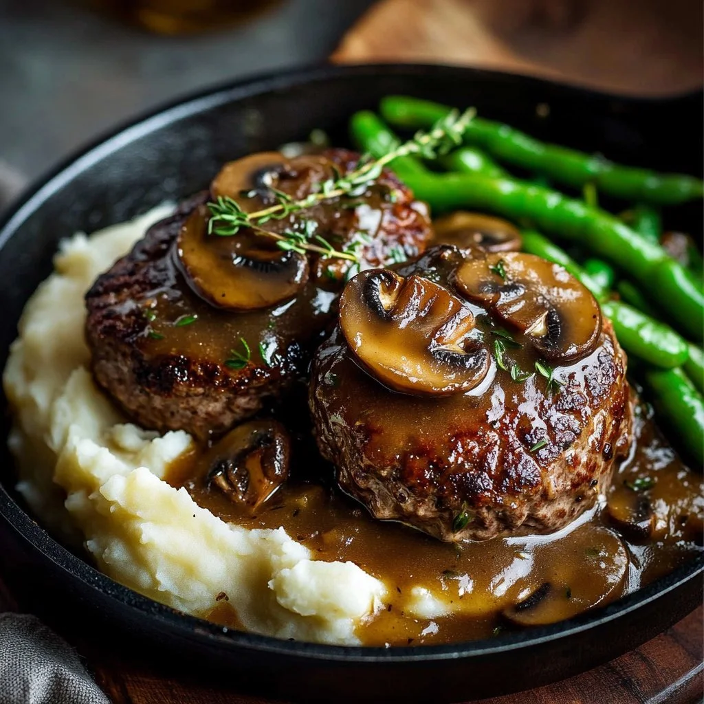 Delicious Bobby Flay Salisbury steak served with rich gravy and mashed potatoes