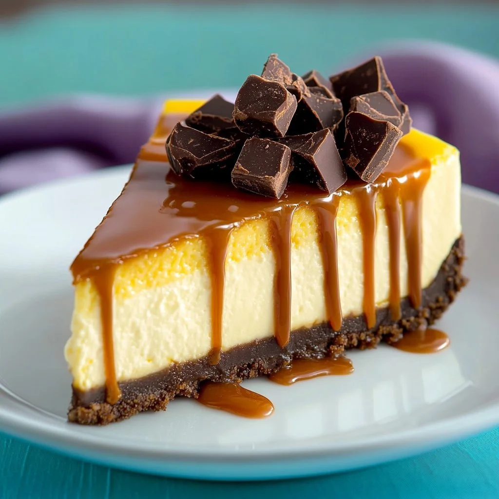 Delicious Brownie Caramel Cheesecake with caramel drizzle and chocolate crust