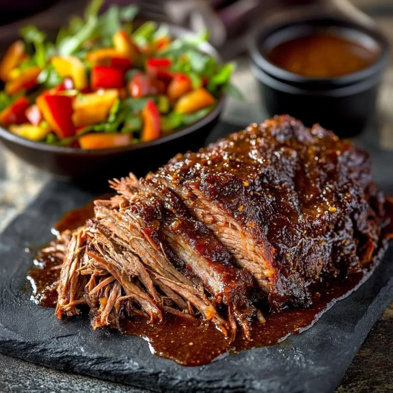 Delicious caramelized pulled beef brisket in rich spicy sauce served on a plate