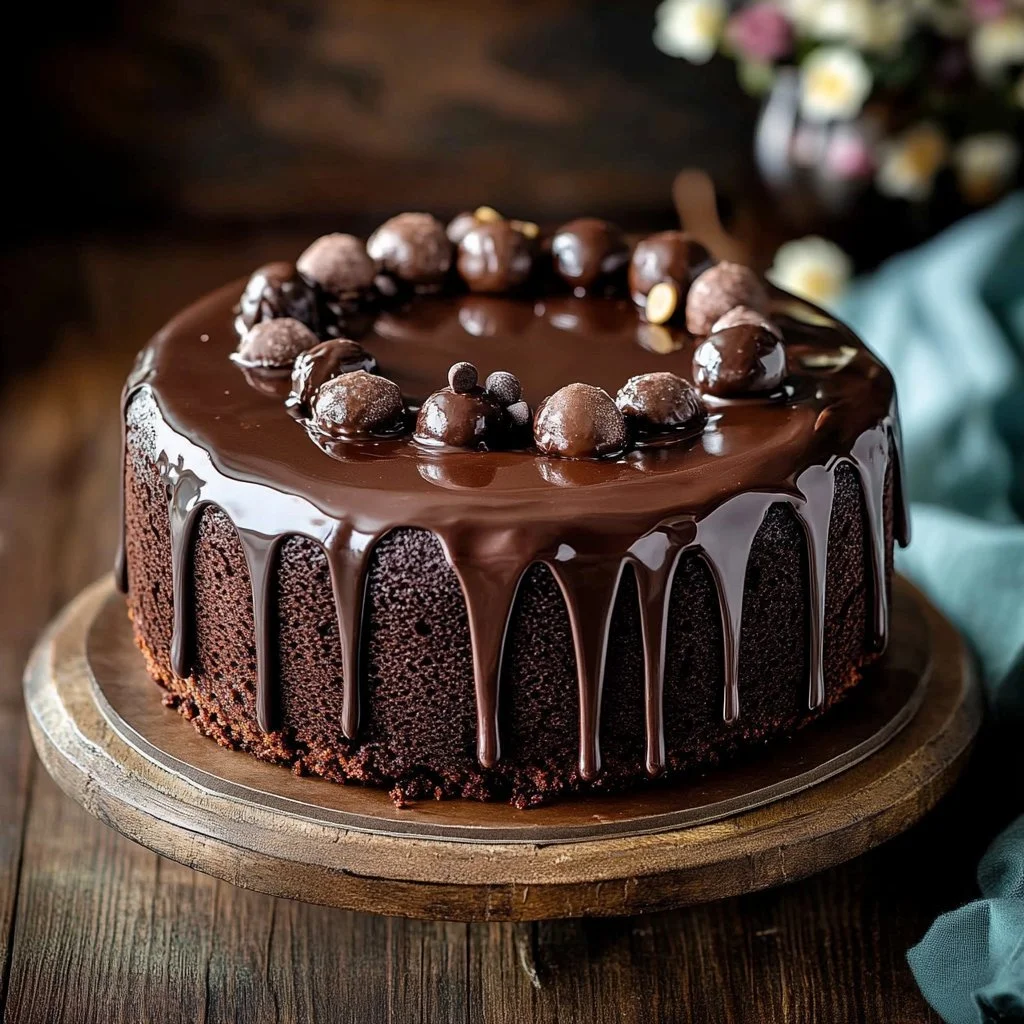 Delicious chocolate brownie cake topped with chocolate icing and sprinkles.