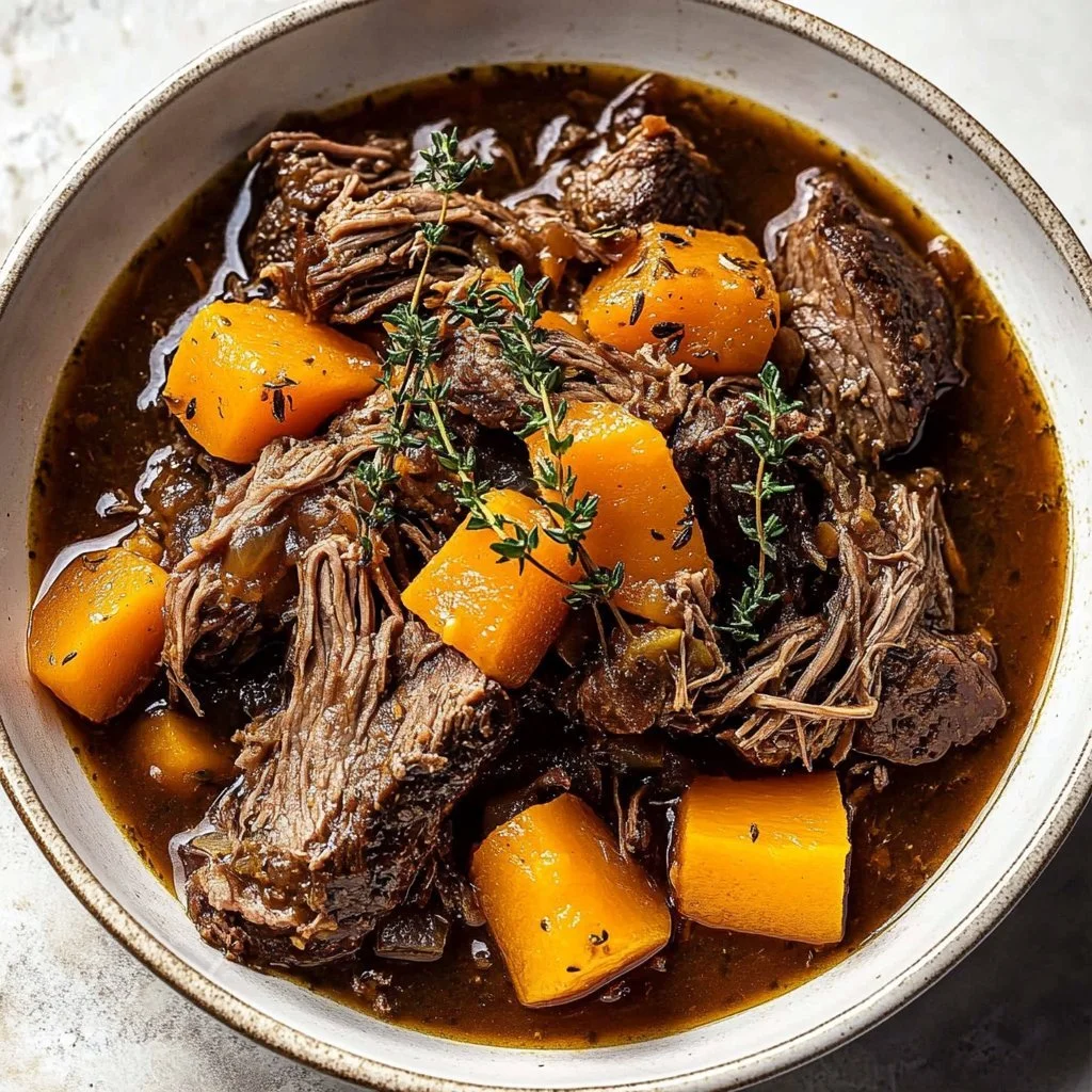 Cider Braised Pot Roast with Caramelized Onions garnished on a plate