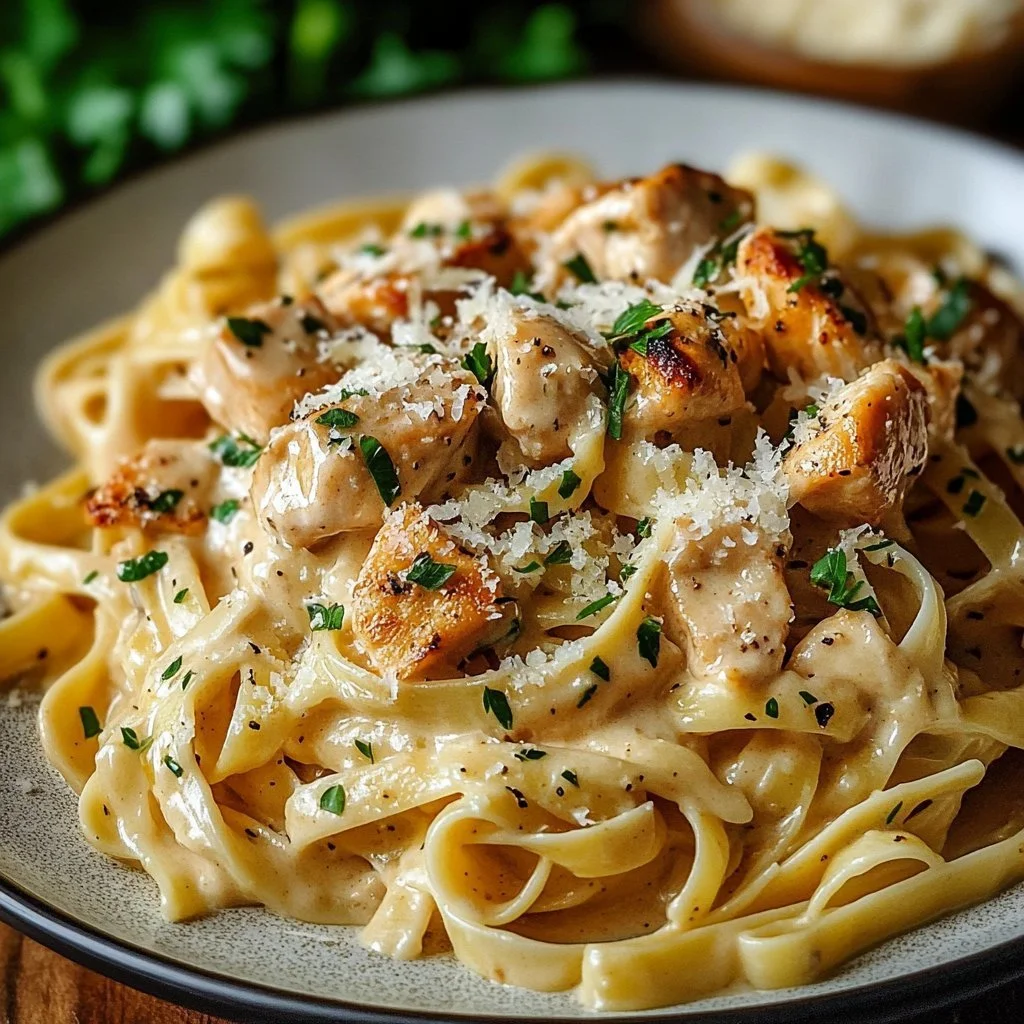 Plate of Cowboy Butter Chicken Linguine featuring creamy sauce and pasta.