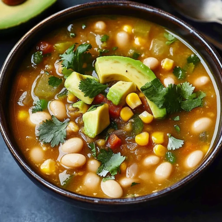 Creamy vegan white bean chili served in a bowl with garnishes.