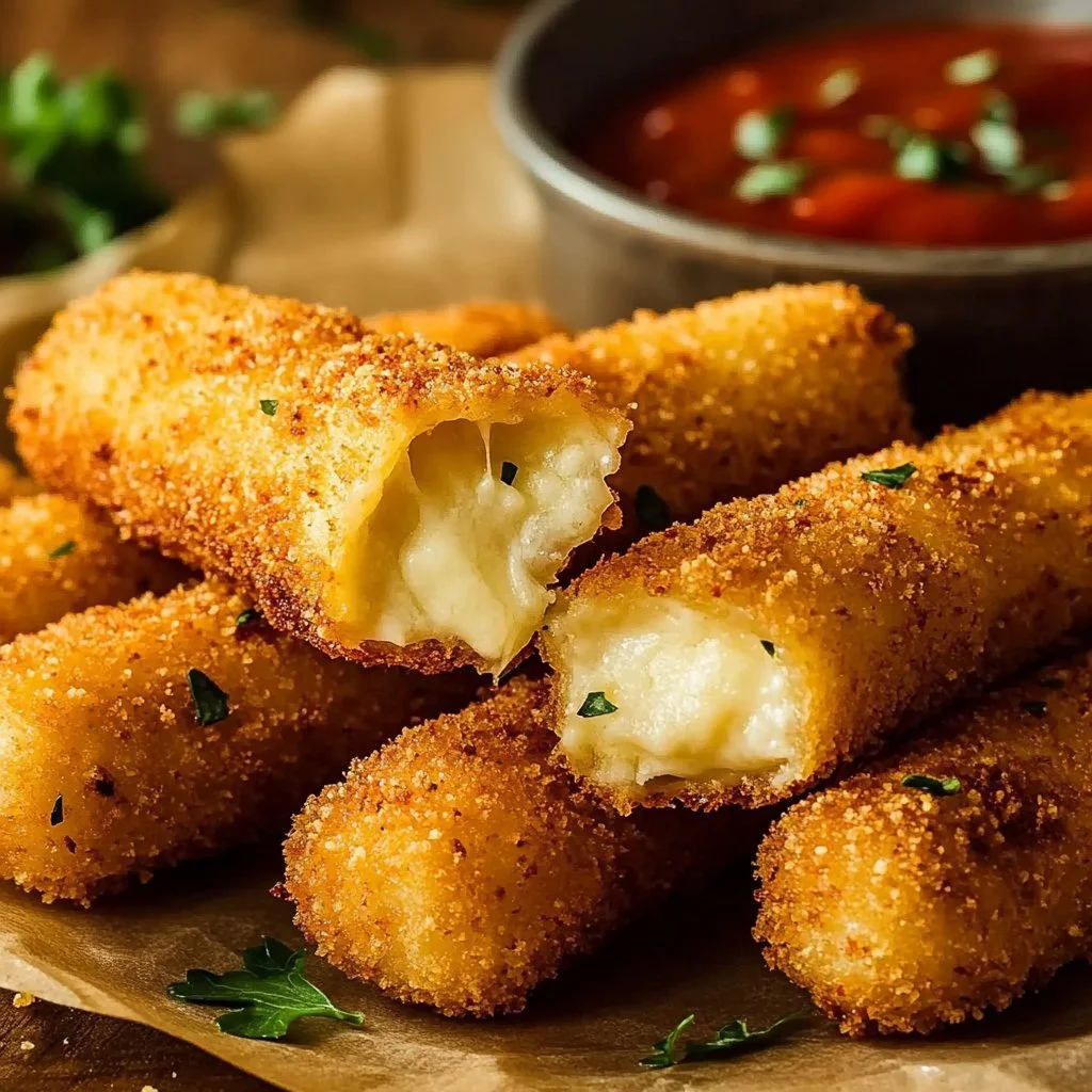 Easy baked mozzarella sticks on a plate with marinara sauce
