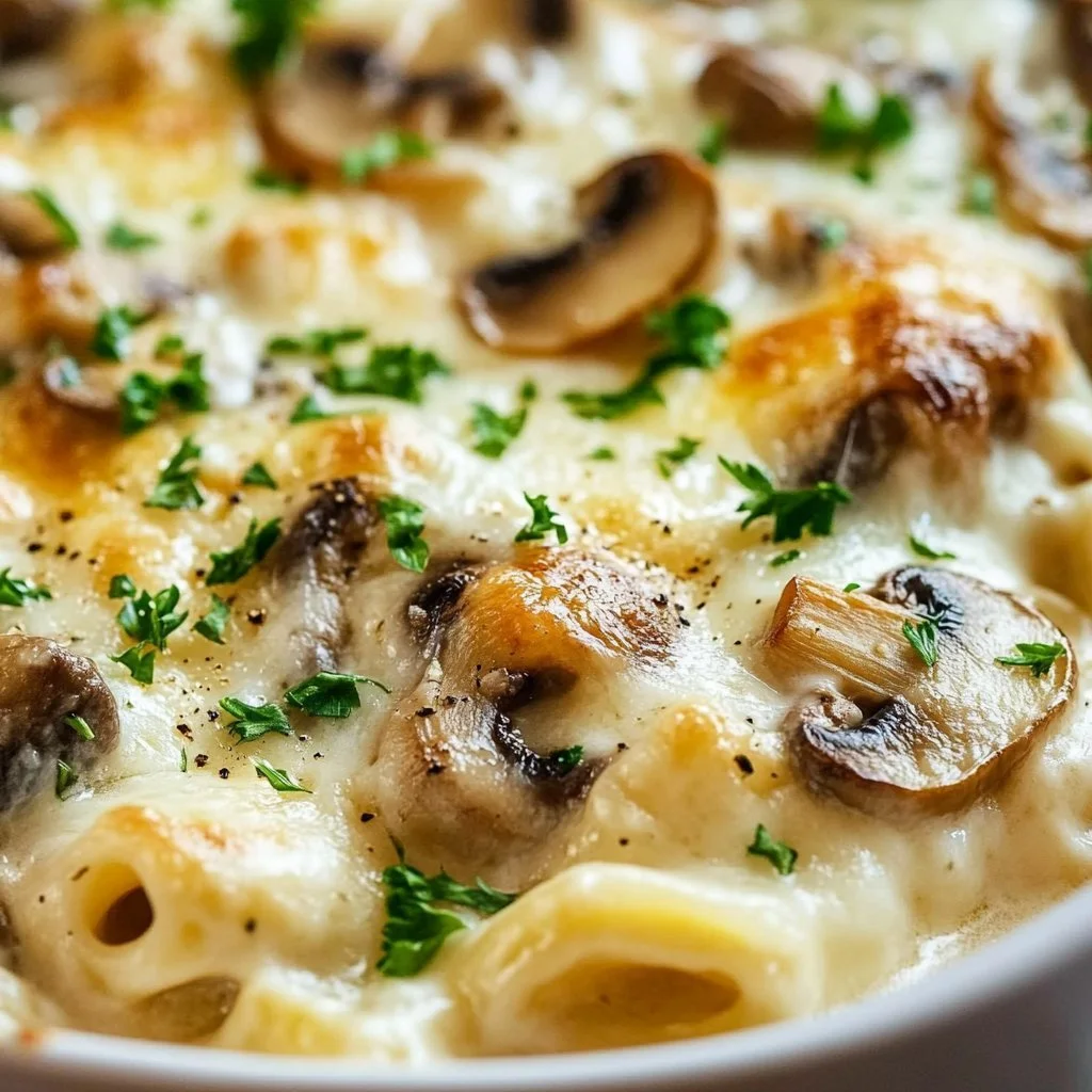 Easy creamy mushroom chicken bake dish with fresh herbs and pasta on a plate