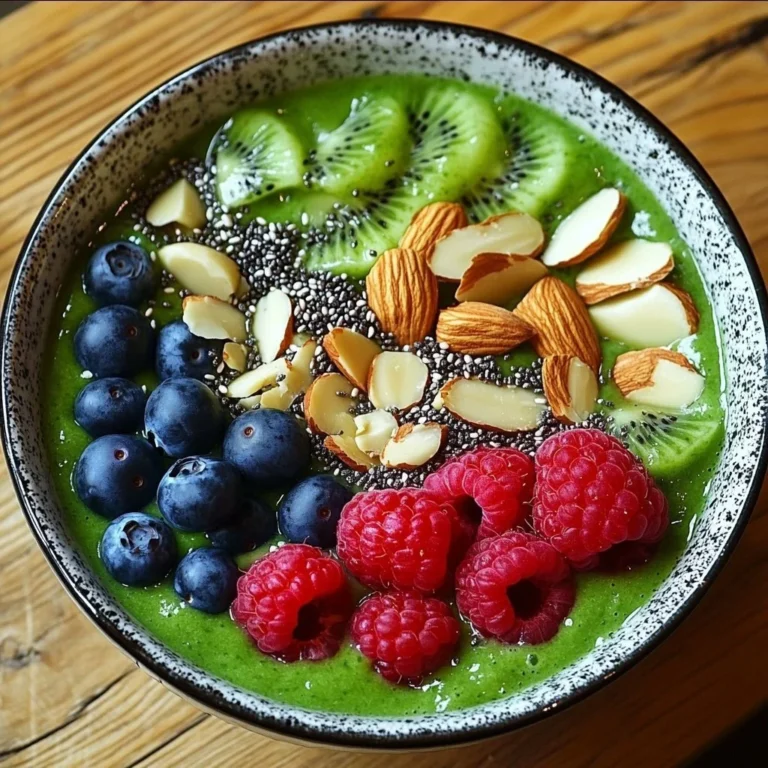 Delicious green detox smoothie bowl topped with fresh fruits and seeds