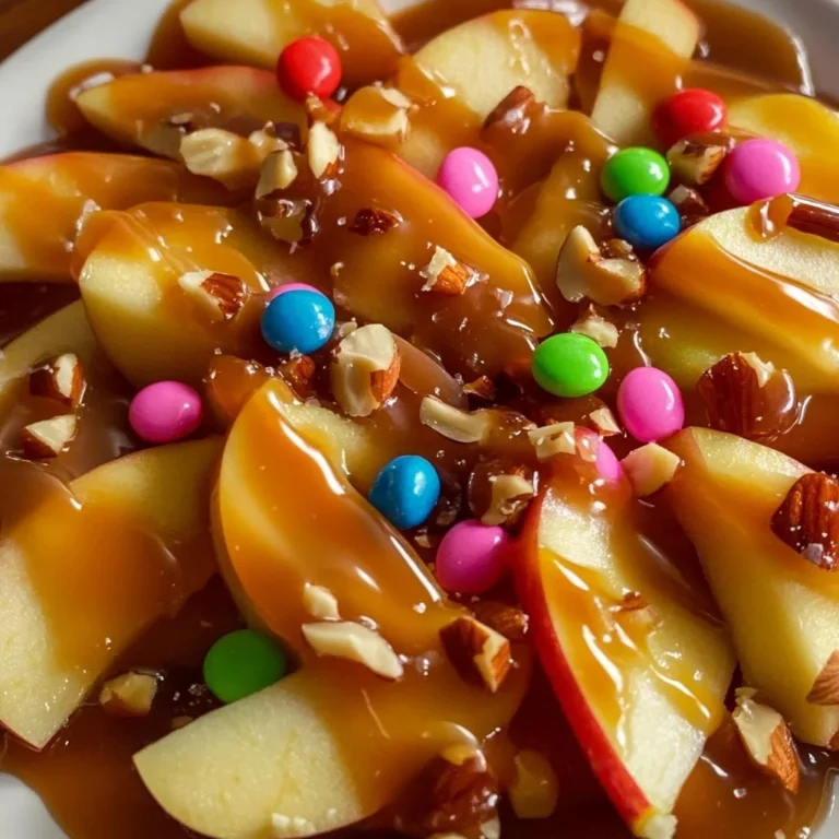 Delicious caramel apple nacho slices topped with nuts and chocolate drizzle.