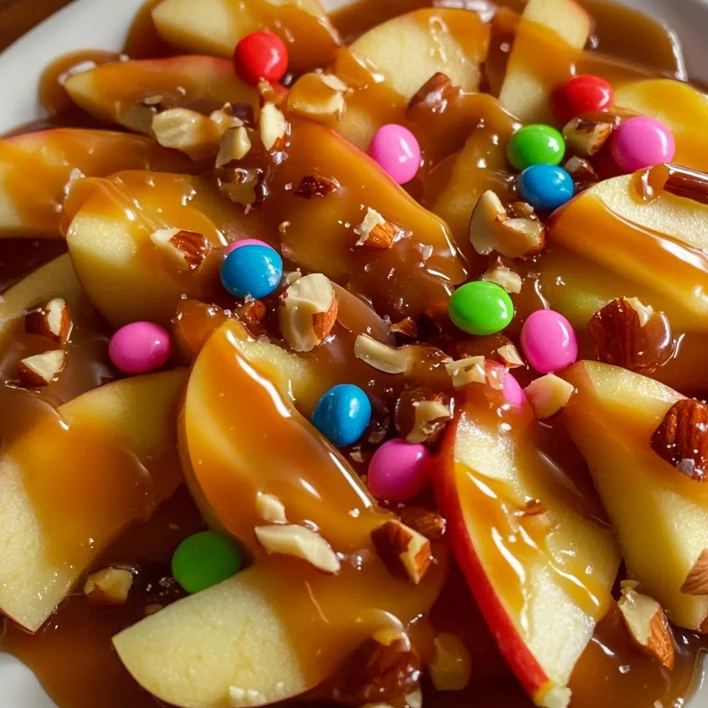 Delicious caramel apple nacho slices topped with nuts and chocolate drizzle.