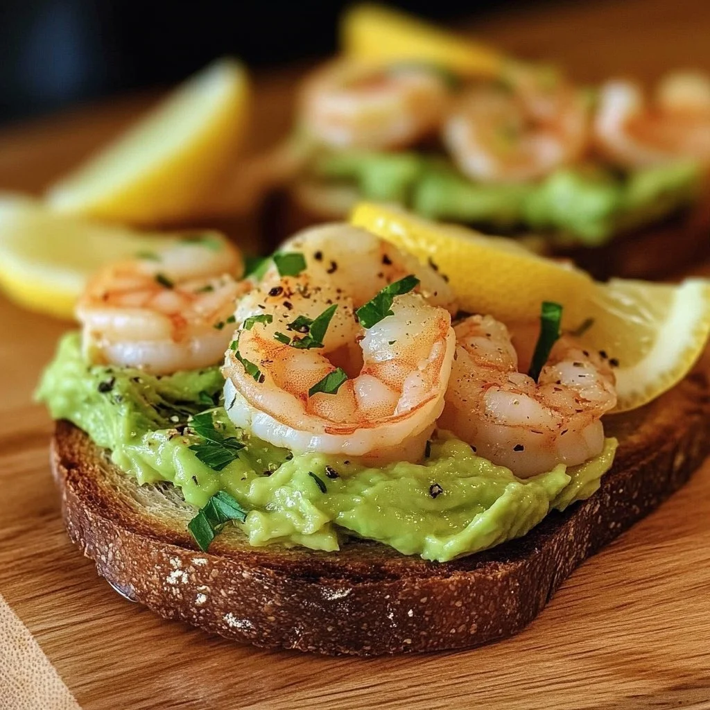 Easy mini shrimp avocado toasts on a wooden serving board