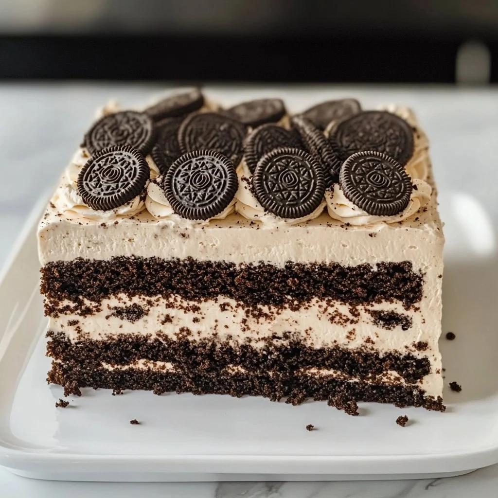 Delicious Easy No-Bake Oreo Icebox Cake with creamy layers and crushed Oreos