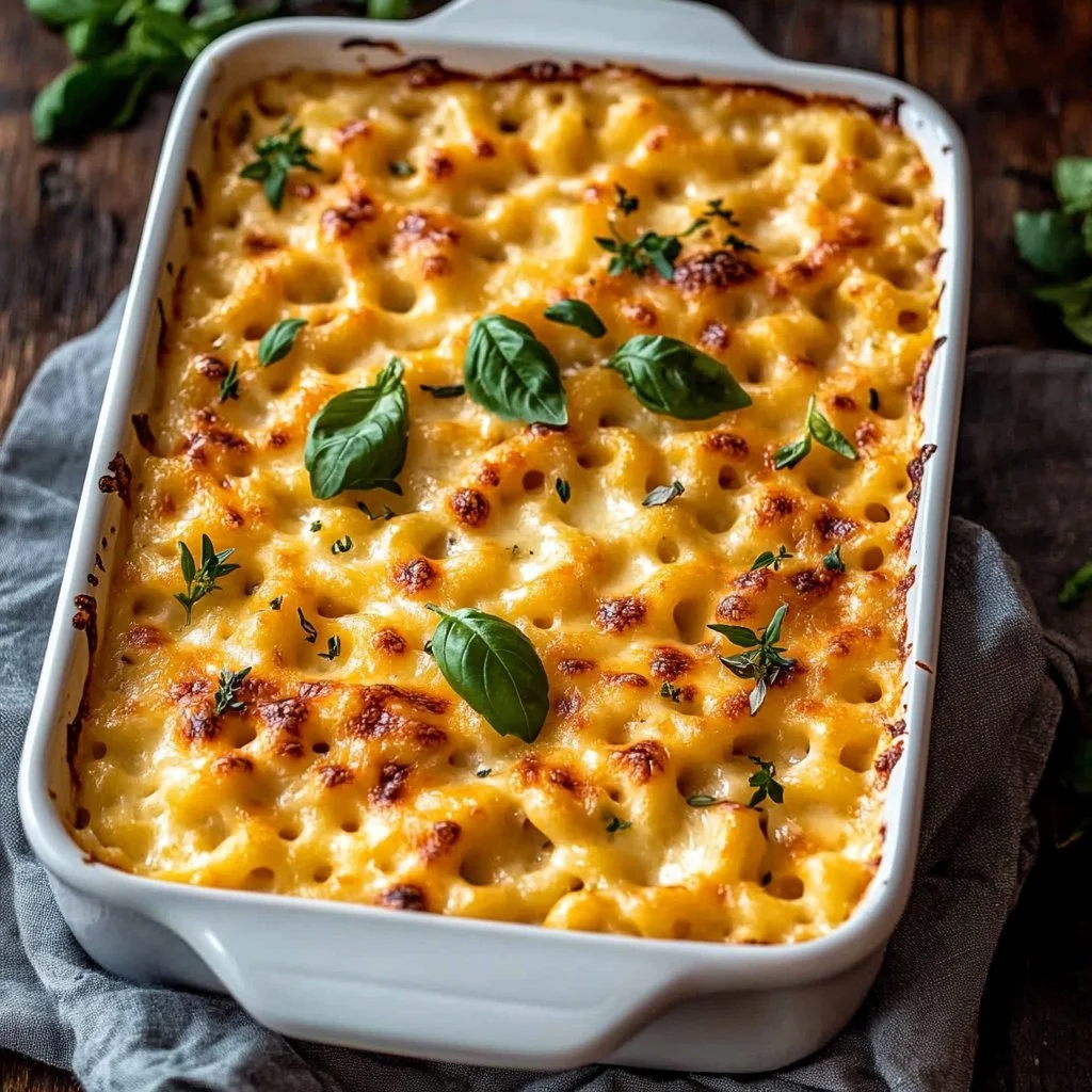 Delicious southern style baked mac and cheese topped with crispy breadcrumbs.