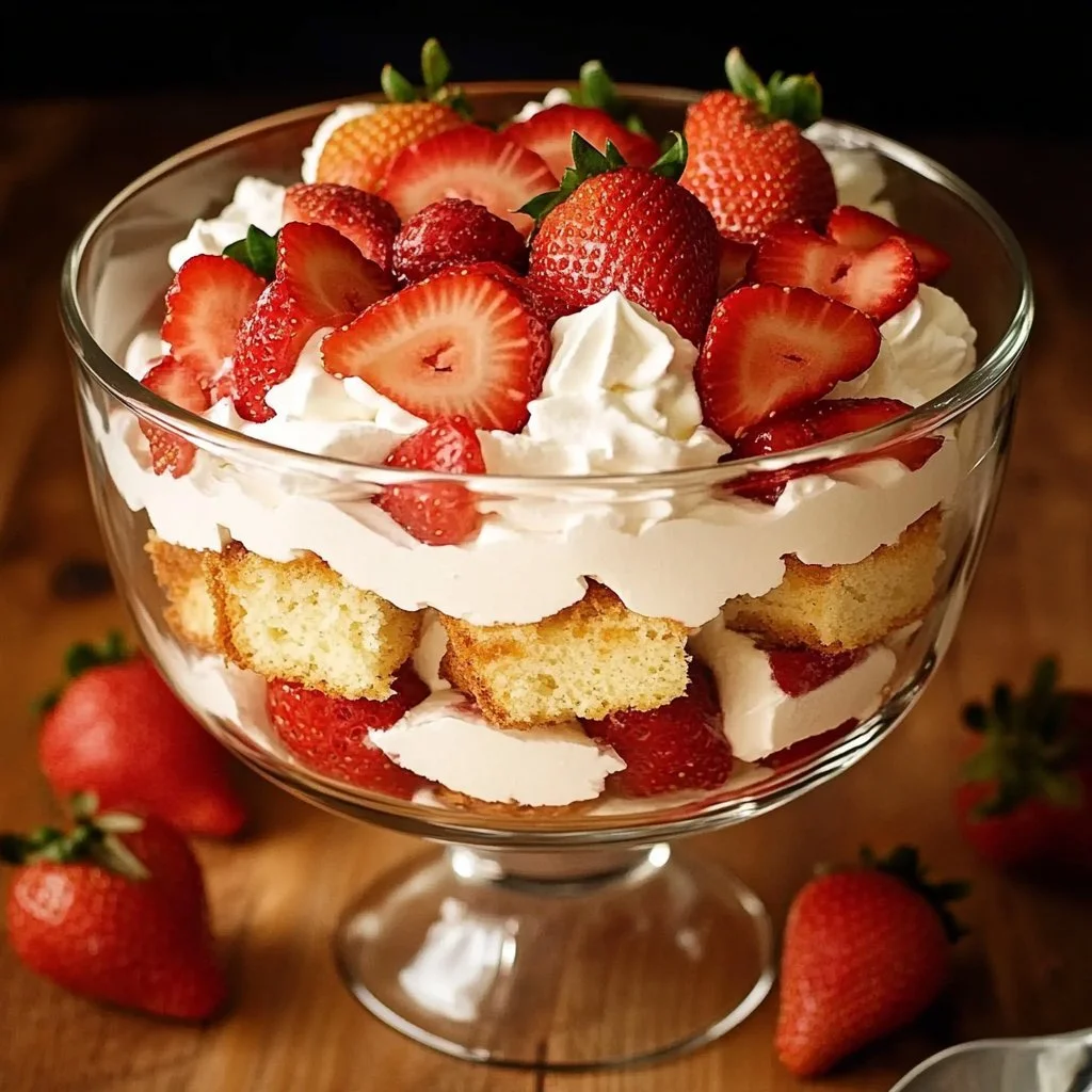 Easy strawberry shortcake trifle layered with fresh strawberries and whipped cream