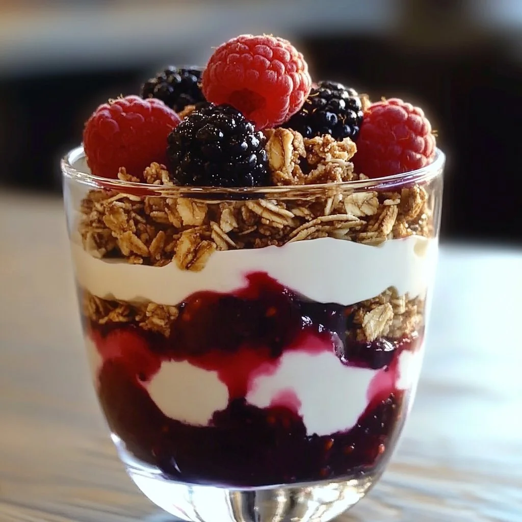 Delicious vanilla yogurt parfaits with berries in a clear glass