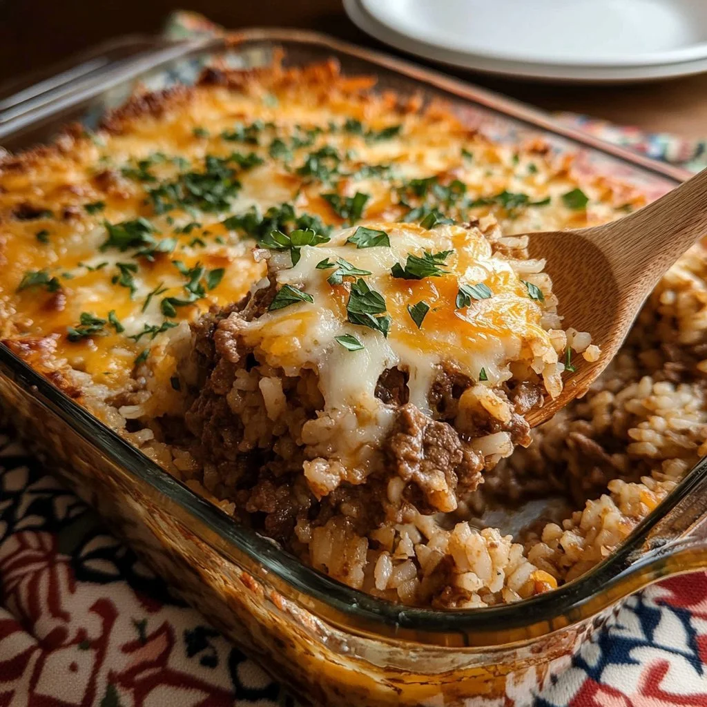 Delicious French Onion Ground Beef and Rice Casserole served in a baking dish