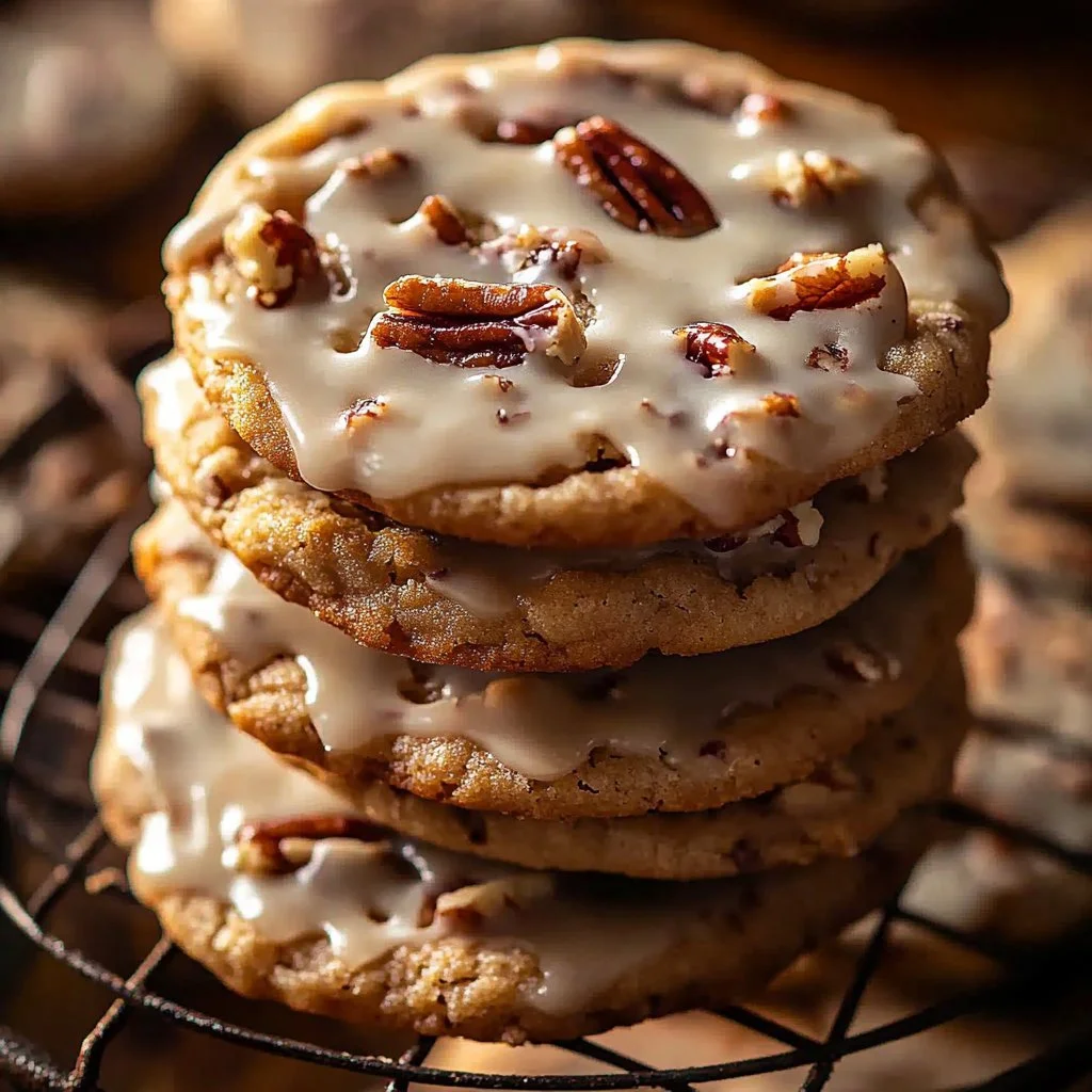 Frosted butter pecan cookies topped with sweet icing and pecans