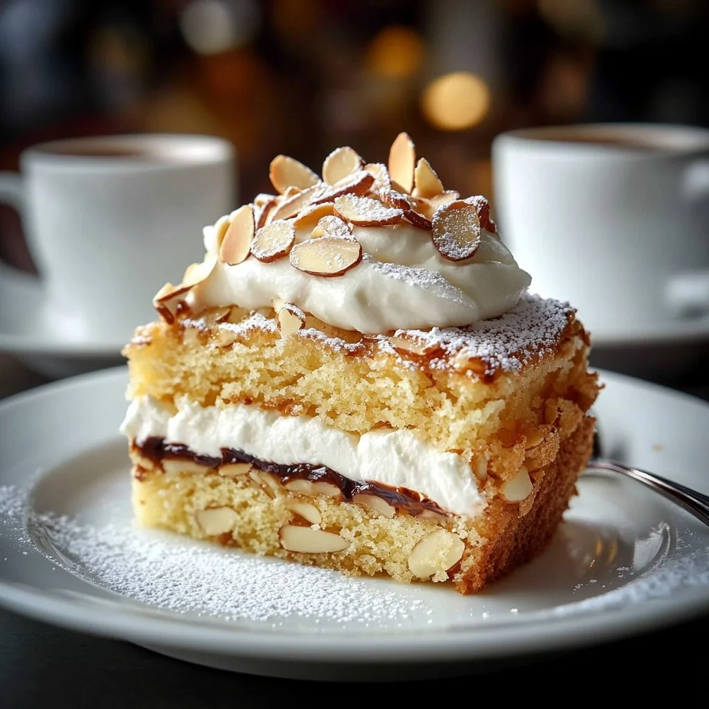 Delicious German Bee Sting Cake with creamy filling and caramelized almonds on top.