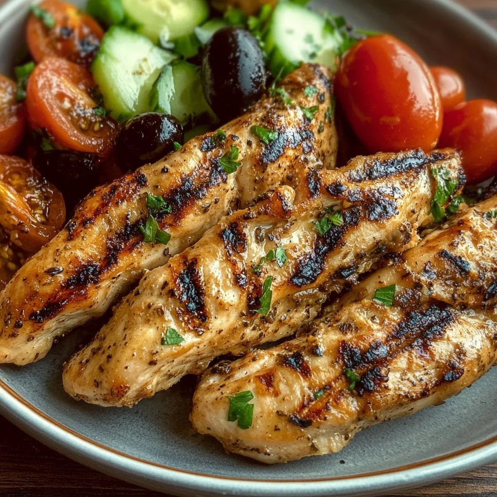 Plate of flavorful Greek Chicken Tenders served with fresh herbs and lemon.