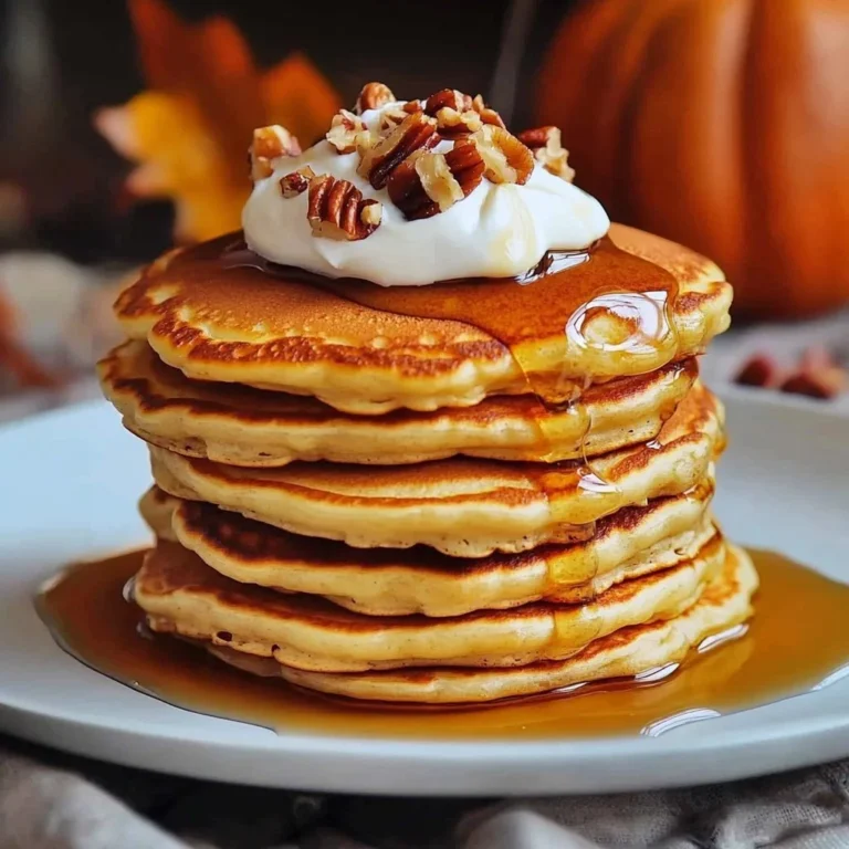 Plate of healthy pumpkin pancakes topped with syrup and pumpkin seeds