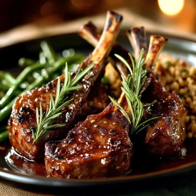 Honey-glazed lamb chops garnished with herbs on a white plate