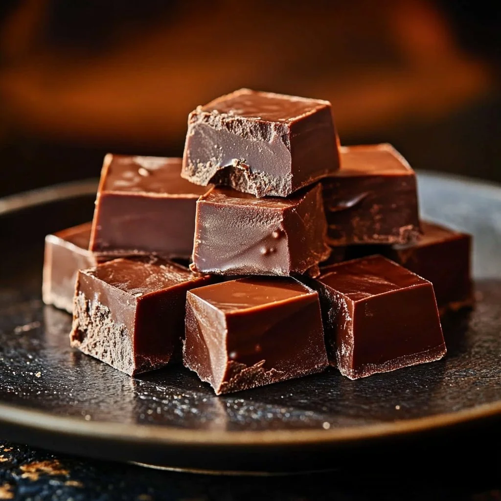 Delicious homemade chocolate fudge squares on a plate
