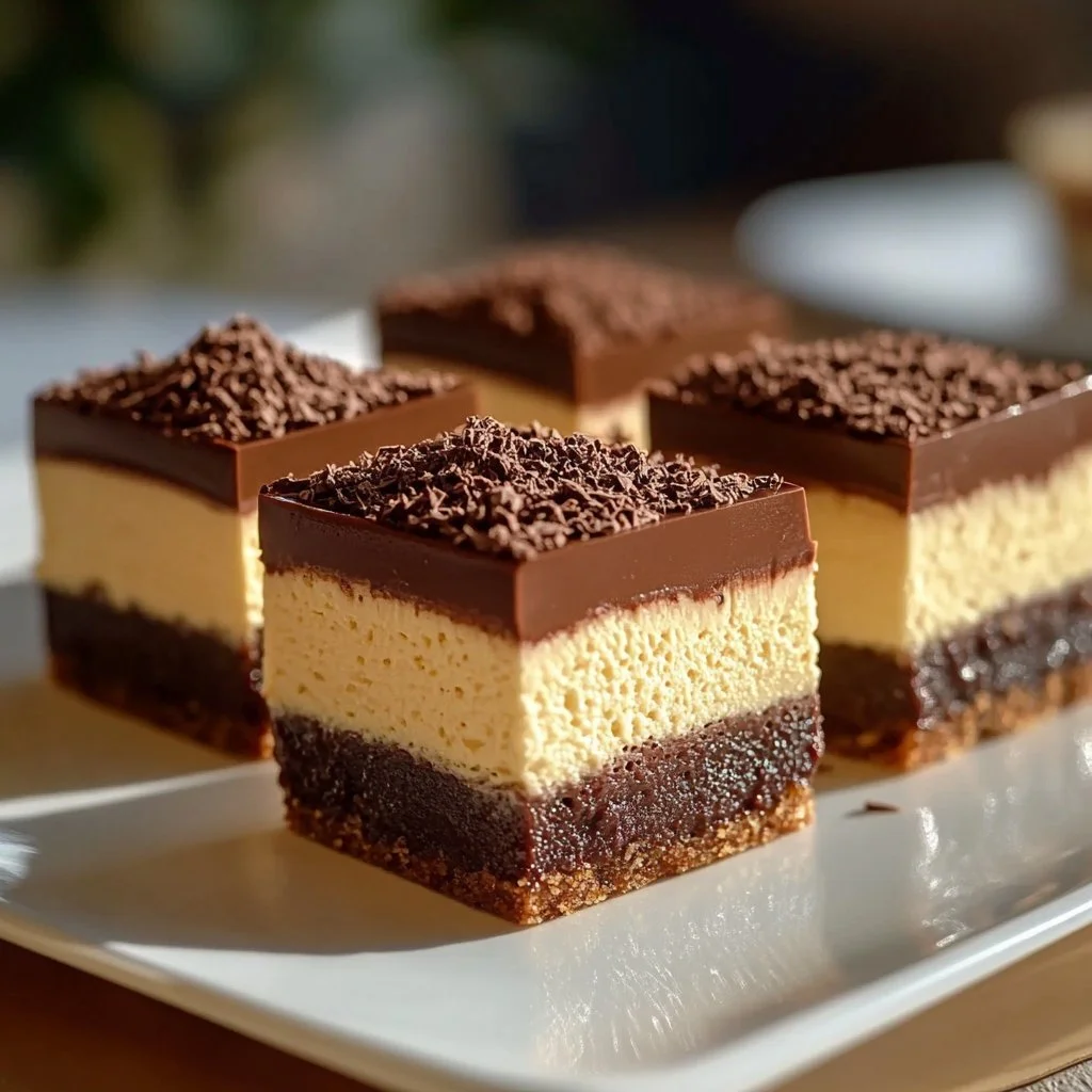 No-bake Nutella cheesecake bars topped with chocolate drizzle and hazelnuts