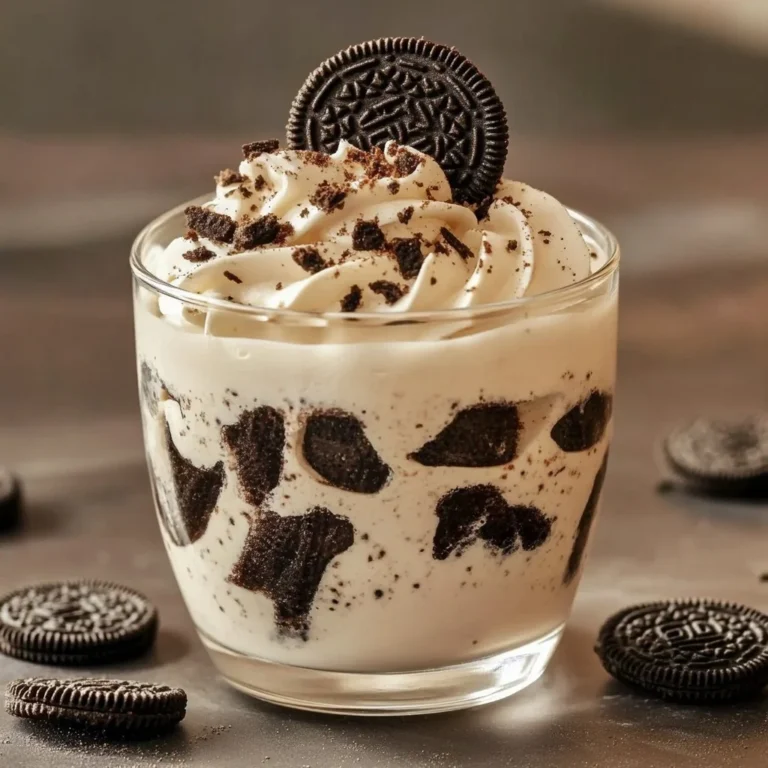 Delicious Oreo mousse dessert topped with crushed Oreo cookies.