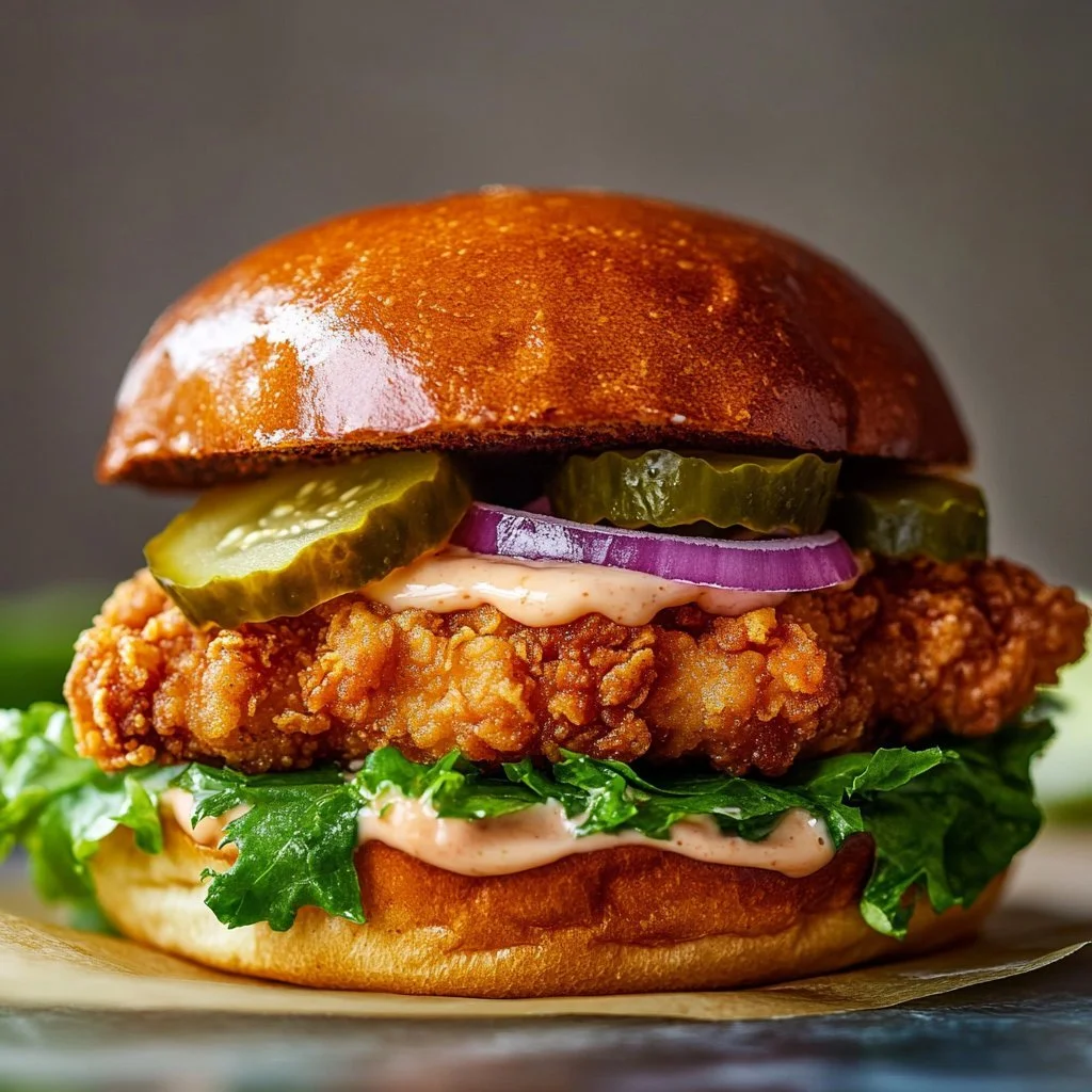 Delicious juicy air fryer chicken sandwich served with toppings on a plate