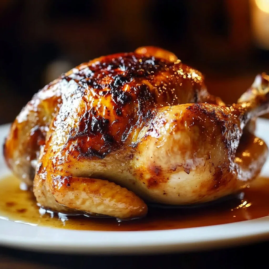 Juicy smoked whole chicken on a grill with herbs and spices
