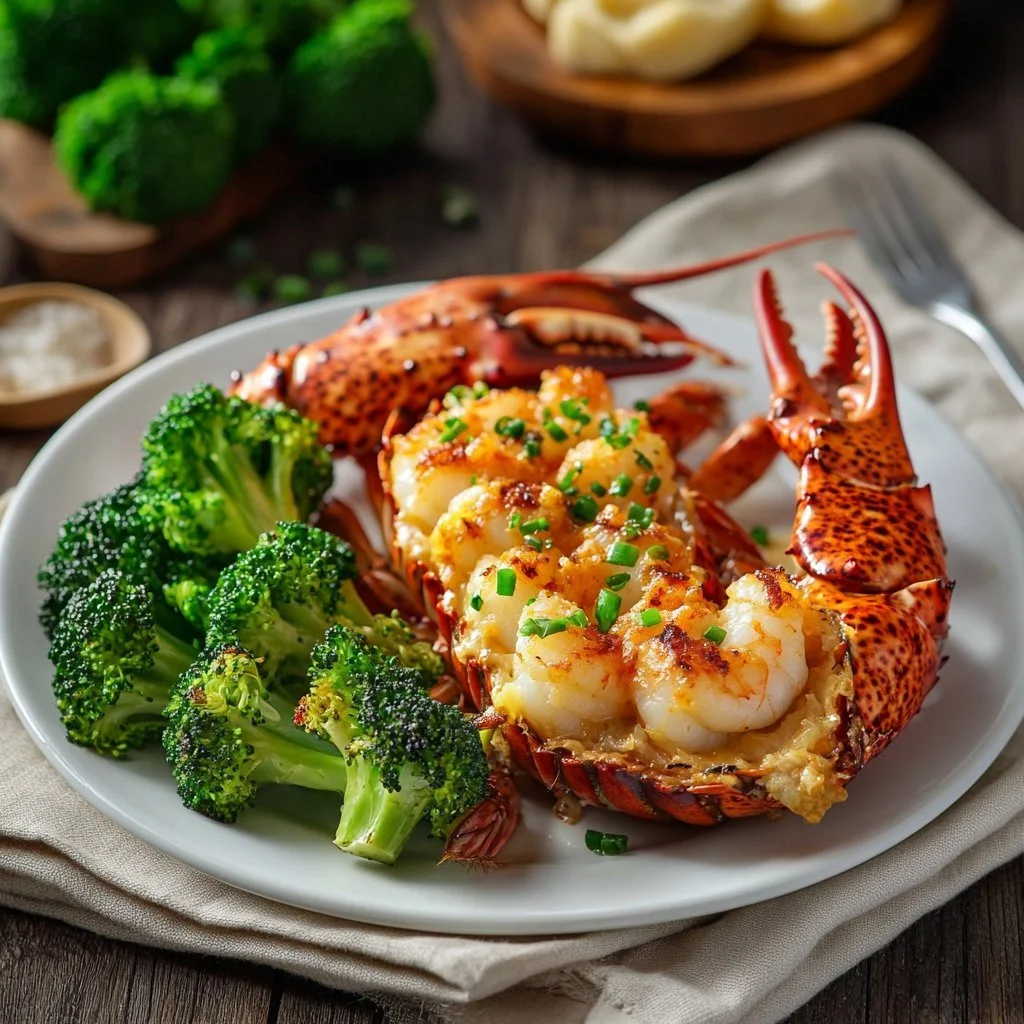 Lobster Thermidor dish with creamy sauce and herbs