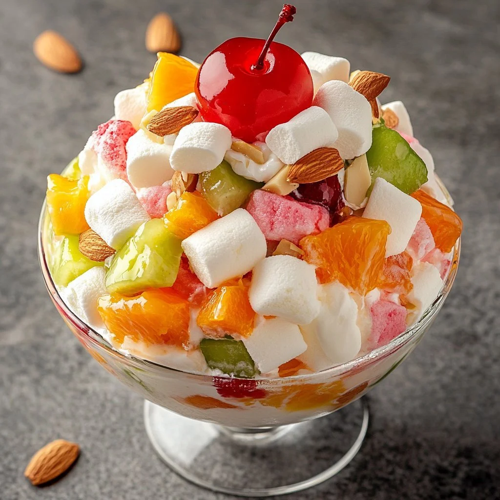 Delicious marshmallow fruit salad with assorted fruits and creamy dressing.