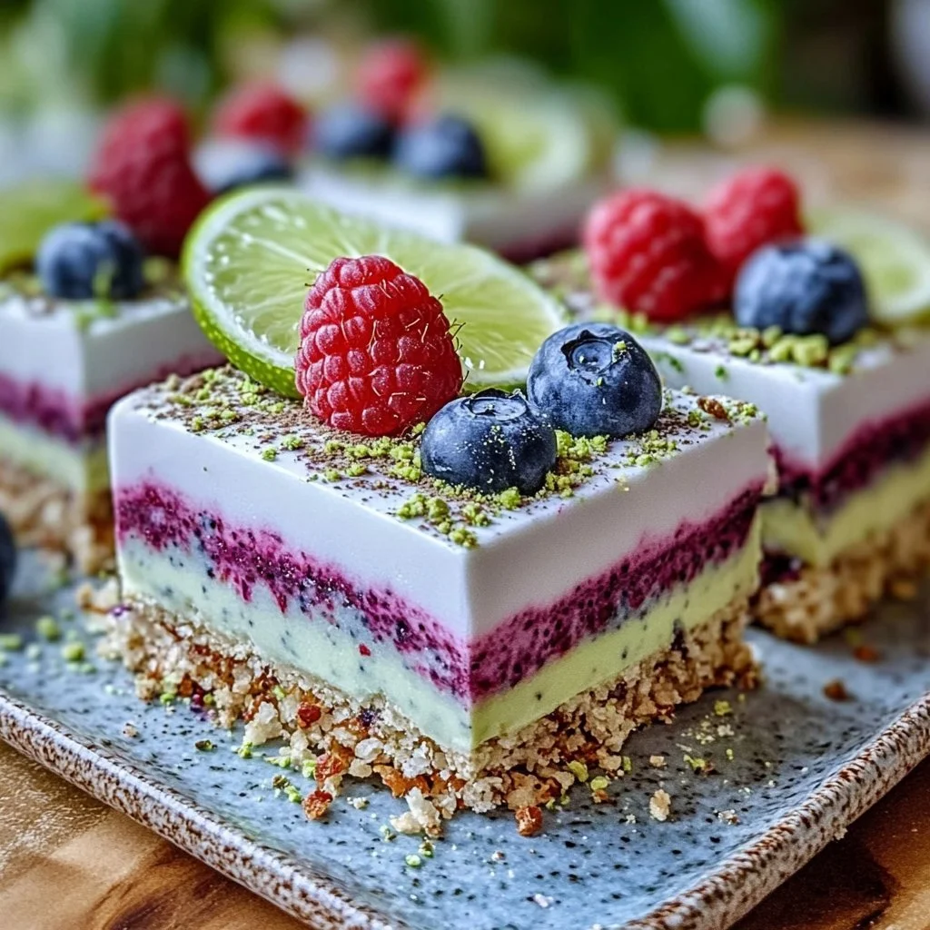 No-bake chia pudding bars with coconut lime flavor on a wooden table