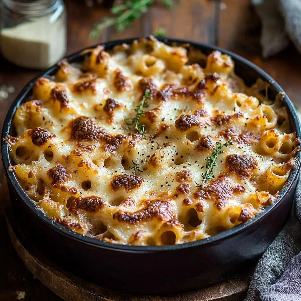 One Pot Creamy French Onion Pasta Bake served in a dish