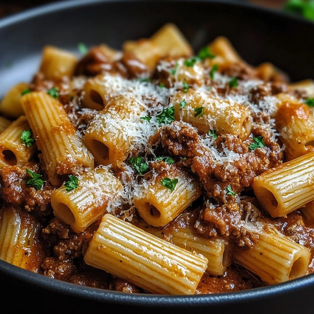 Delicious Parmesan Beef Rigatoni served in a bowl with fresh herbs