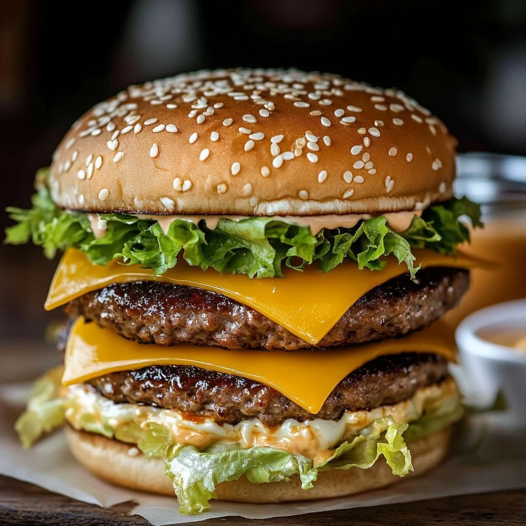 Homemade Big Mac burger with lettuce, cheese, and special sauce