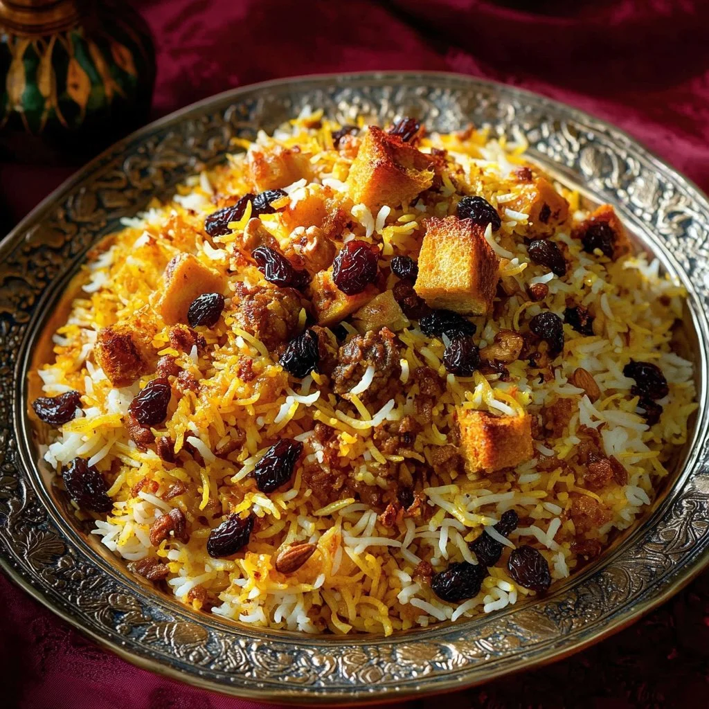 Dish of Persian jeweled rice garnished with nuts and dried fruits.
