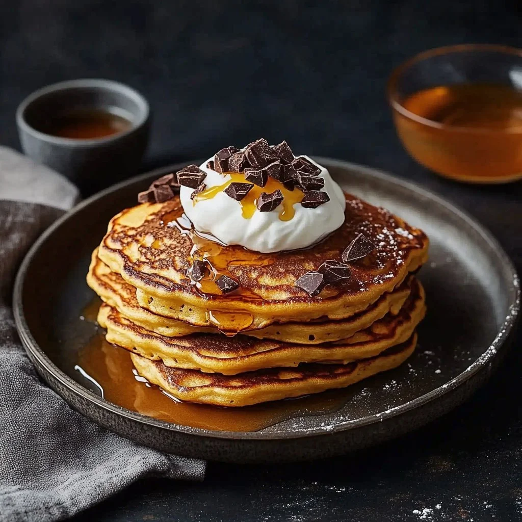 Delicious Pumpkin Chocolate Chip Pancakes topped with chocolate chips and syrup