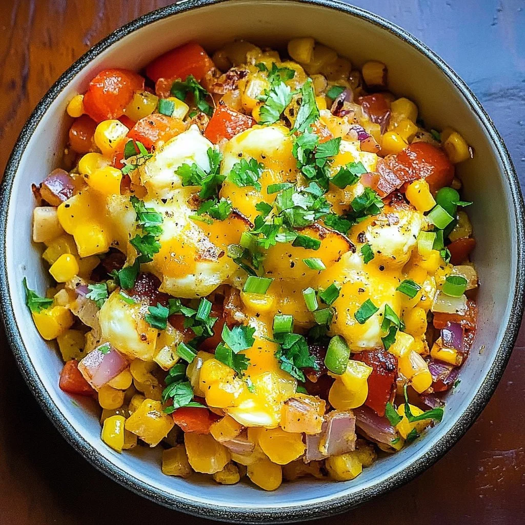 Delicious Sheet Pan Sweet Corn Summer Squash Breakfast Hash ready to serve.
