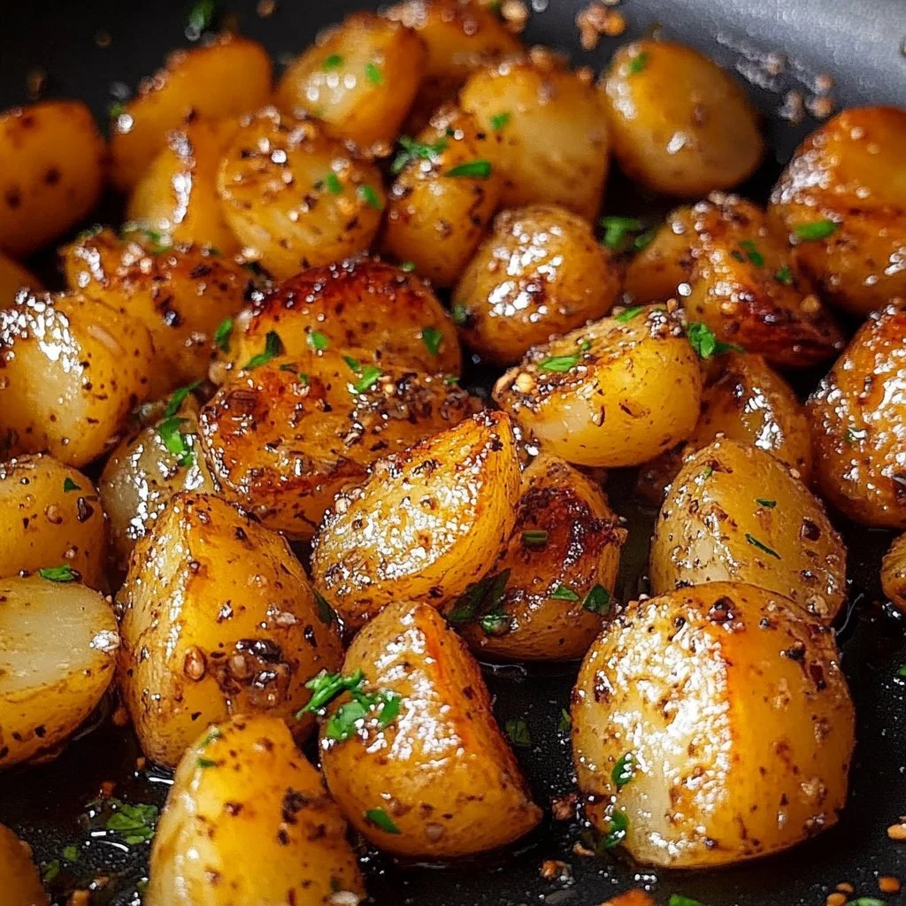 Sriracha glazed roast potatoes served in a bowl with fresh herbs