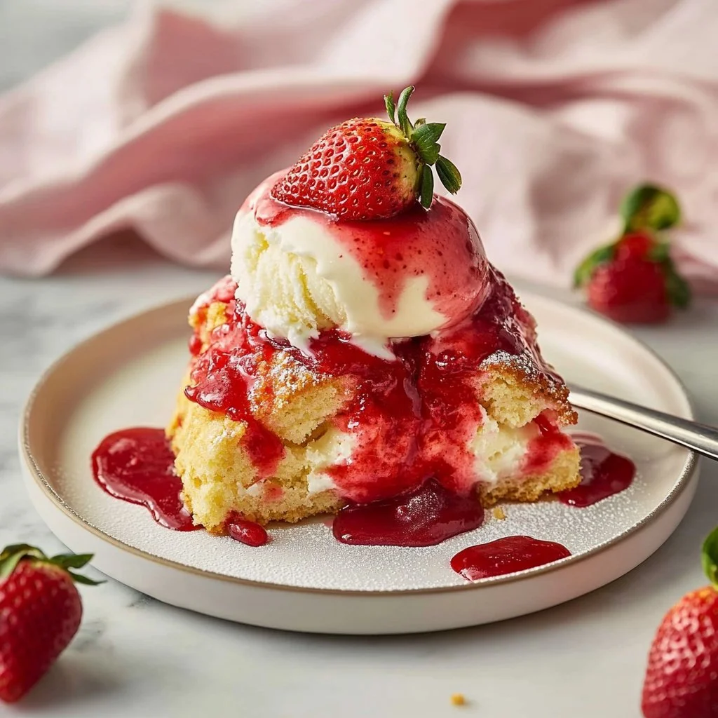 Delicious strawberry cheesecake dump cake topped with fresh strawberries.