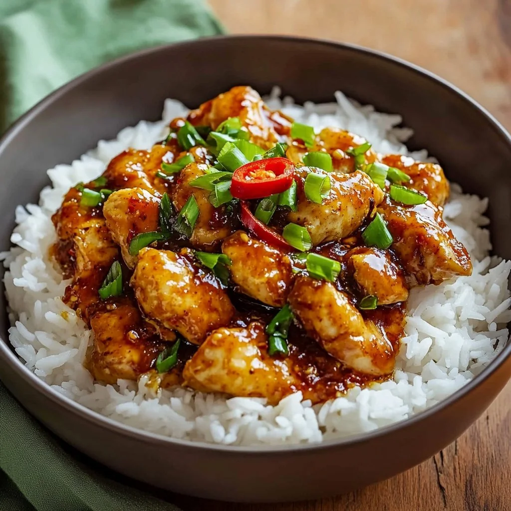 Deliciously sticky chicken glazed with sweet and spicy sauce