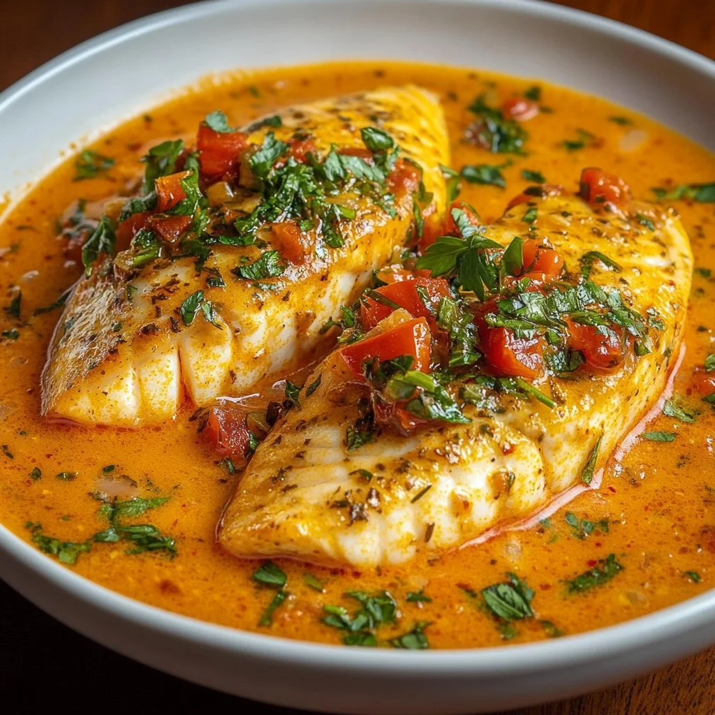 Tilapia fish fillet served in roasted pepper sauce, garnished with herbs.