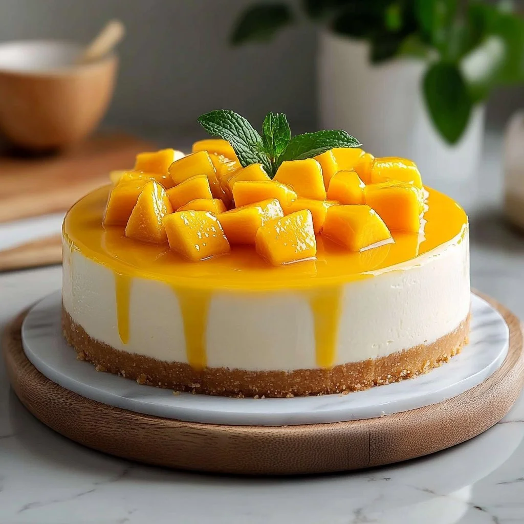 Creamy Tropical Mango Cheesecake topped with fresh mango slices and mint