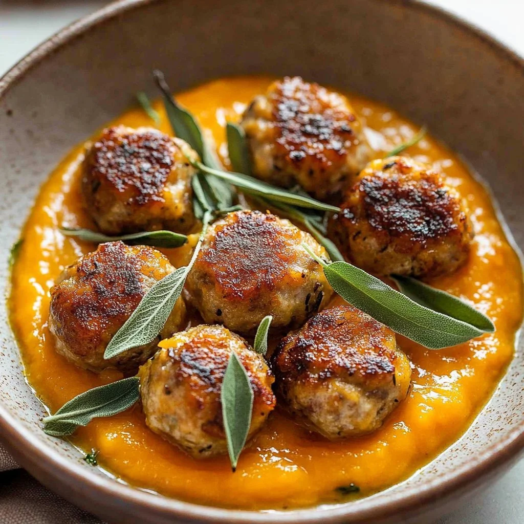 Turkey meatballs served in creamy pumpkin sage sauce
