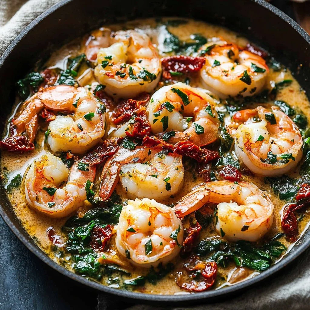 Delicious Tuscan Shrimp served with spinach, artichokes, and sun-dried tomatoes.