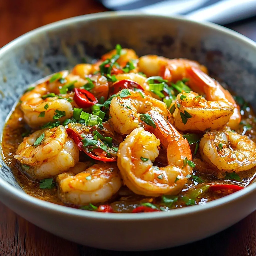 Plate of delicious voodoo shrimp garnished with herbs and spices.