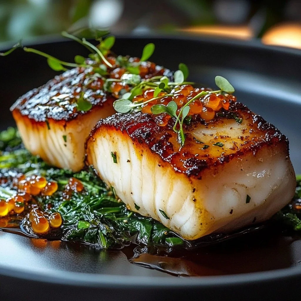 Plate of ginger soy glazed cod garnished with green onions and sesame seeds